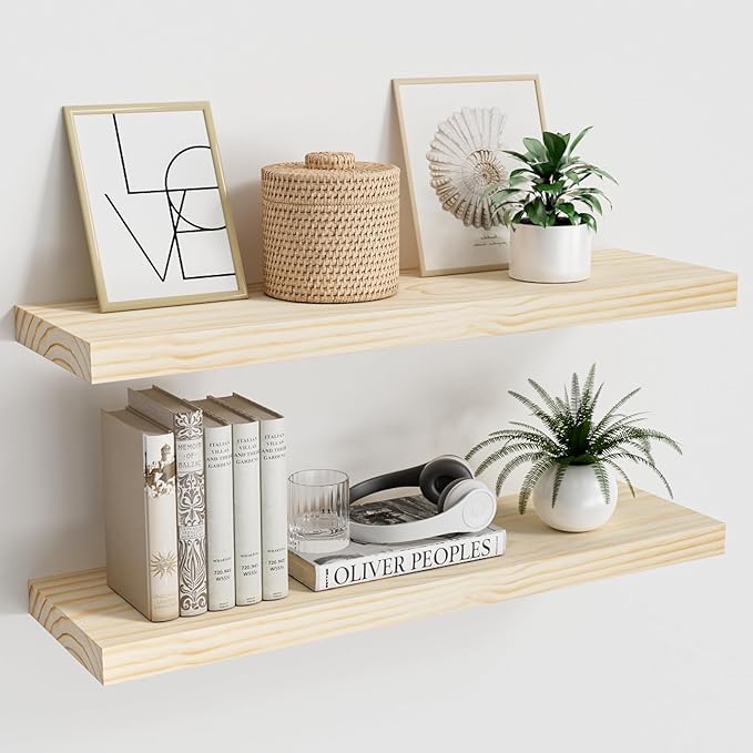 Natural Wood Floating Shelves 24”x 8”x 1.4” Book Shelf Floating for Wall Mounted, Heavy Duty Shelf Hold 60 lbs, Unfinished Wall Shelves for Bathroom, Living Room, Kitchen, Bedroom, Office