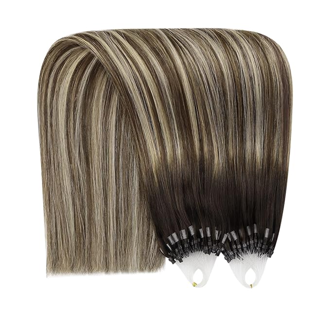 YoungSee Micro Beads Hair Extensions Human Hair Balayage Micro Hair Extensions Human Hair Ombre Dark Brown to Blonde Micro-Loop Hair Extension 14 Inch 50g 50s Bead Hair Extension for Short Hair