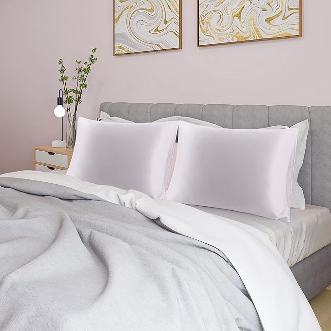uxcell 2 Pack Silk Satin Pillowcase for Hair and Skin, Cool, Silky, Soft Breathable Pillow Cases Standard Size 20x26 Inch Sateen Pillowcase Lavender Gray with Envelope Closure