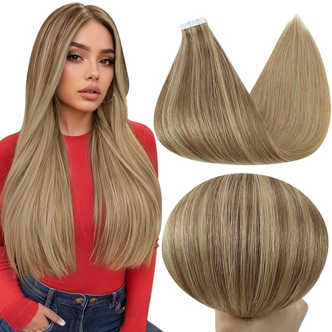 Full Shine Tape in Hair Extensions Human Hair 22 Inch Color 10 Fading to 16 Golden Blonde Highlight 16 Blonde Remy Hair Extensions Double Sided Real Hair Extensions Tape in 50G 20Pcs