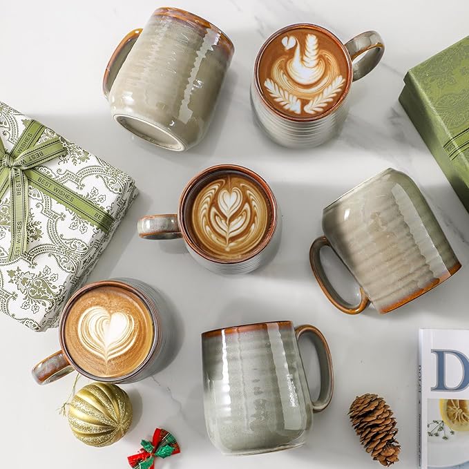 Hasense 12 oz Coffee Mugs, Ceramic Coffee Cups Set of 6, Stoneware Latte Mug with Large Handle for Coffee, Tea, Milk and Chocolate, Easy Hold & Clean, Dishwasher & Microwave Safe, Light Grey