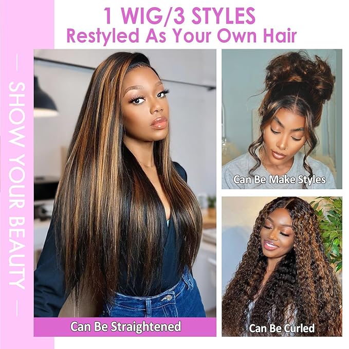 Highlight Ombre Lace Front Wigs Human Hair Body Wave 1B/30 Ombre 9x6 Lace Frontal Wigs Pre Plucked Colored Brown Highlight Wigs 32 Inch Balayage Wigs Glueless Human Hair Wigs for Women