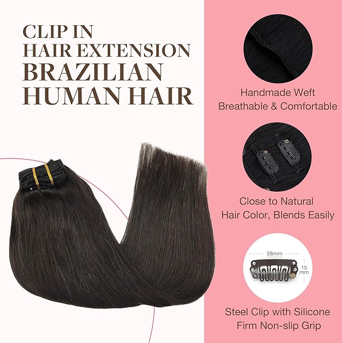 GOO GOO Clip in Hair Extensions Real Human Hair, Remy Human Hair Extensions Clip ins for Women, Natural Human Hair, 22inch 170g 7Pcs, #2 Dark Brown