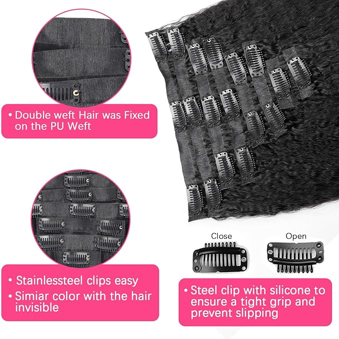 Seamless Kinky Straight Clip In Hair Extensions Invisible PU Weft Kinky Straight Clip Ins Human Hair Extensions 8pcs with 18Clips Per Set 120g(22inch,Natural Black)