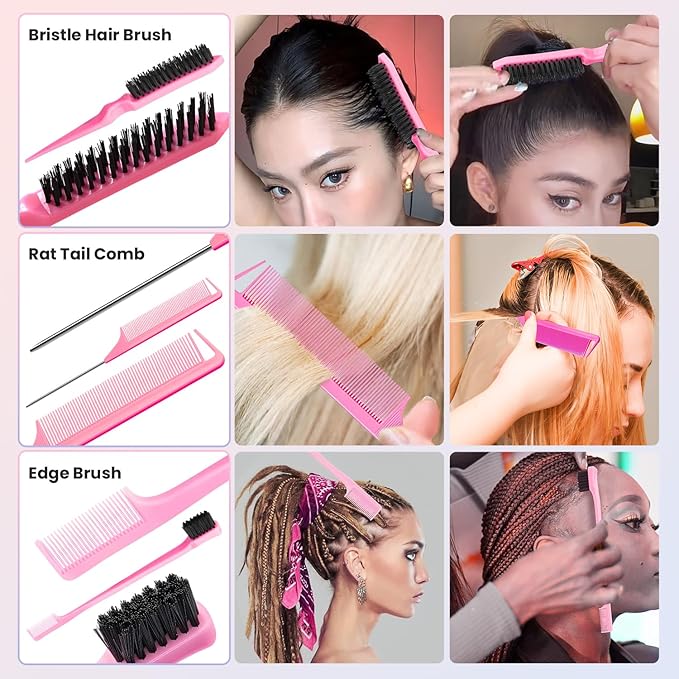 CHIKYO Hair Wax Stick, Edge Control Stick for Baby Hair, Slick Back Hair Brush, Flyaway Control, Edge Brush, Rat Tail Comb, Finishing & Coloring & Cleaning Styling Tools Set for Women, Men, Kids(6PCS)