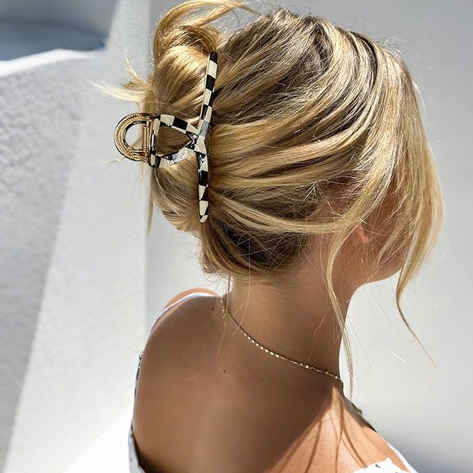 Big Butterfly Metal Hair Claw Clips for Women - Checkerboard Clamps with Strong Hold, 4.7" Large Hair Accessories for Long Thick Hair (Black&White)