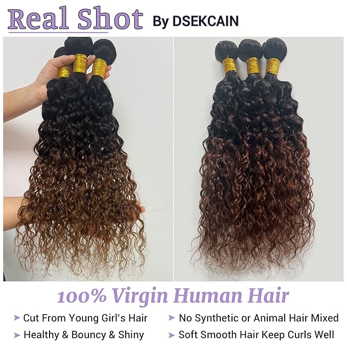 Water Wave Ombre Bundles Human Hair T1B/2/30 Chestnut Brown Ombre Color 2 Bundles of 14 Inch 100% Real Human Hair Unprocessed Raw Material For Quicky Weave