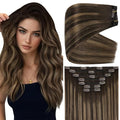 Full Shine Real Hair Clip in Extensions 160 G 18 Inch Balayage Dark Brown to Light Brown Clip in Hair Extensions for Thickness 7 Pcs