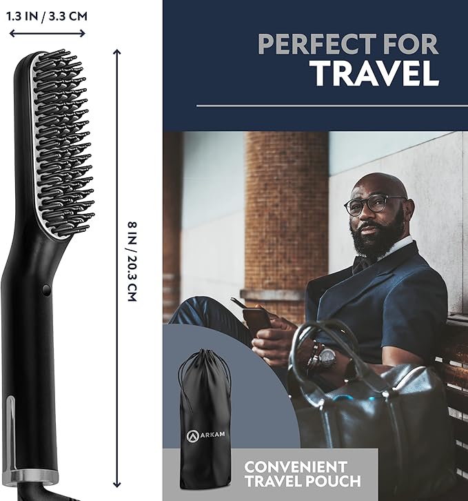 Arkam Beard Straightener for Men - Original Heated Beard Brush Kit w/Anti-Scald Feature, Dual Action Hair Comb and Travel Bag for Short to Medium Beards -Costume Accessories and Grooming Gifts for Men