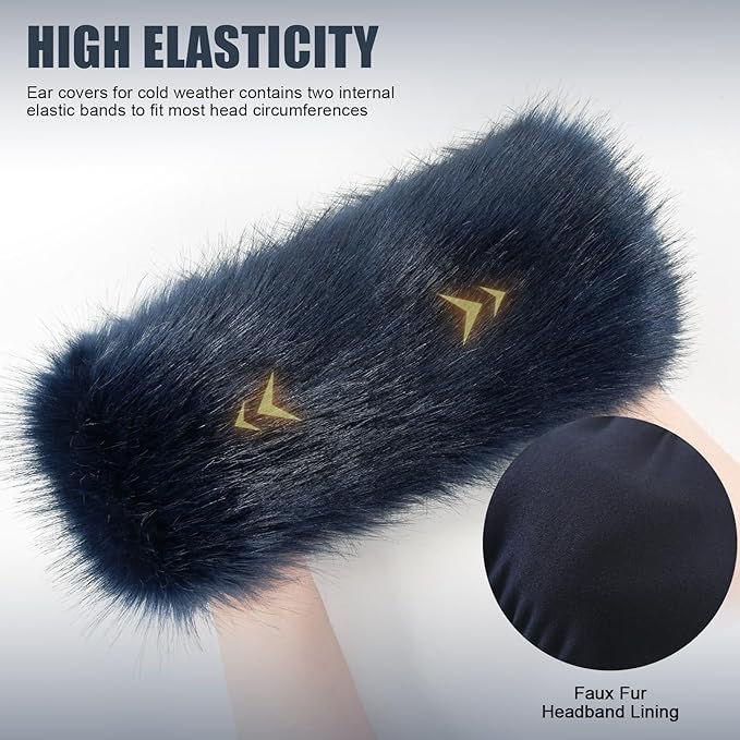 Faux Fur Headband for Women Elastic Fuzzy Thick Earmuffs Winter Headwrap Ear Muffs Furry Ear Warmers Cold Weather (Navy Blue)