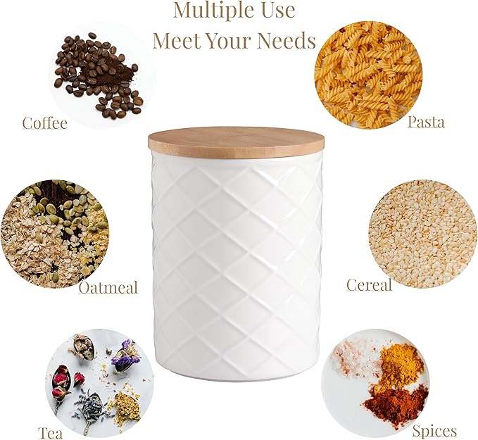 Sweejar Ceramic Canisters Sets for Kitchen Countertop, Relief Food Storage Jar with Bamboo Lid, Stackable Container for Flour, Coffee, Pasta, Cereal, Tea, Cookies, Sugar, Spices, Pack of 4 (White)