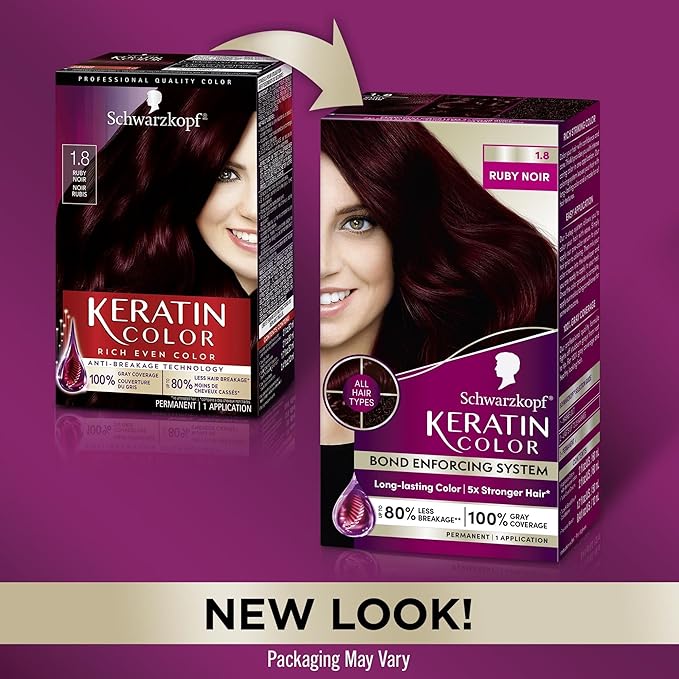 Schwarzkopf Keratin Color Permanent Hair Color, 1.8 Ruby Noir, 1 Application - Professionally Inspired Permanent Hair Dye, for up to 80% Less Breakage vs Untreated Hair and up to 100% Gray Coverage