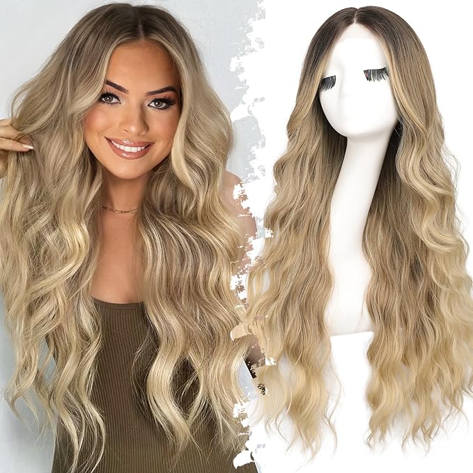 Ombre Blonde Wig for Women Long Wavy 4x1 Lace Natural Hairline Glueless for Beginners Middle Part Synthetic for Daily Party Use 30Inch