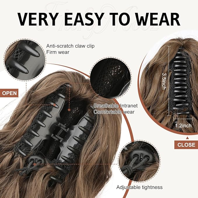 FLUFYMOOZ Ponytail Extension, 18 Inch Claw Clip Ponytail Extension, Wavy Curly Claw Clip in Ponytail Hair Extensions, Fake Ponytail Synthetic Hairpiece(Medium Brown with Medium Auburn)