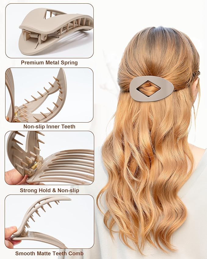 6 PCS Flat Hair Clips for Women - French Medium Flat Claw Clips for Thick Thin Hair, Strong Grip Non Slip Hair Claw Clips for Women Girls