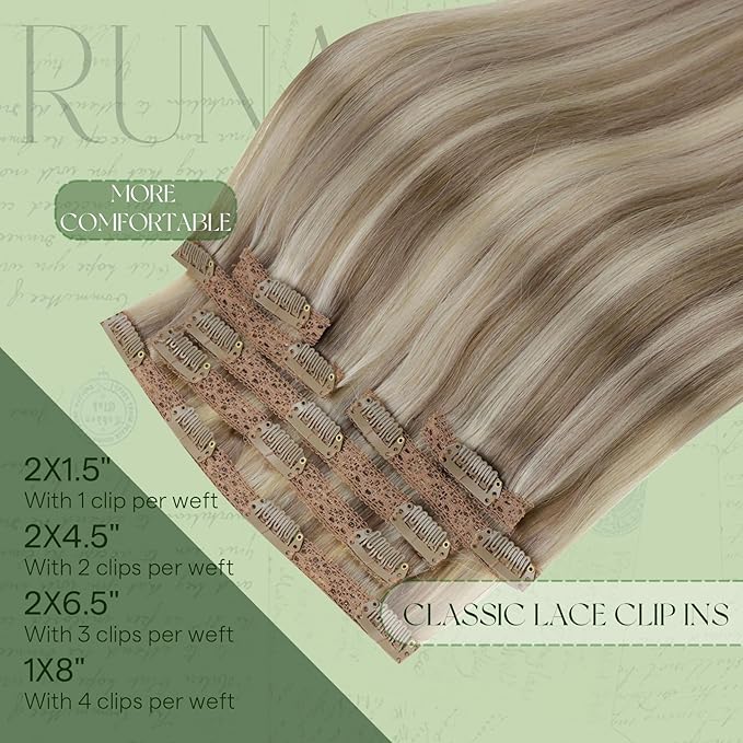 RUNATURE Clip in Hair Extensions Real Human Hair Clip in Extensions, Blonde Hair Extensions Clip ins, Tangle Free, 10 Inch 80g 7pcs #8P60 Ash Brown Highlight Platinum Blonde
