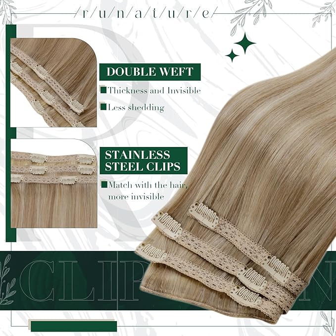 RUNATURE Clip in Hair Extensions Real Human Hair Blonde, Short Straight Human Hair Clip in Extensions, Natural Hair, Can Be Styled, 12 Inch 50g 3pcs #16P22 Beige Blonde Highlights