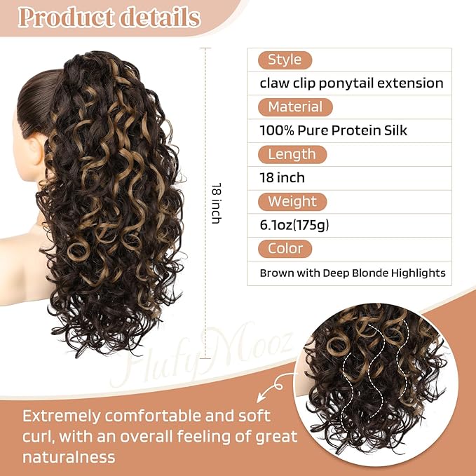 Flufymooz 100％ Pure Protein Ponytail Extension, 18 Inch Curly Claw Clip Ponytail Hair Extensions Natural Soft pony tail hairpiece for women-Brown with Deep Blonde Highlight
