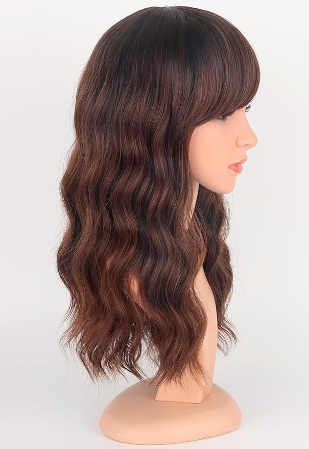 Brown Wavy Wigs For Women Synthetic Wigs With Bangs For Daily Use 16 Inch(Ombre Brown)