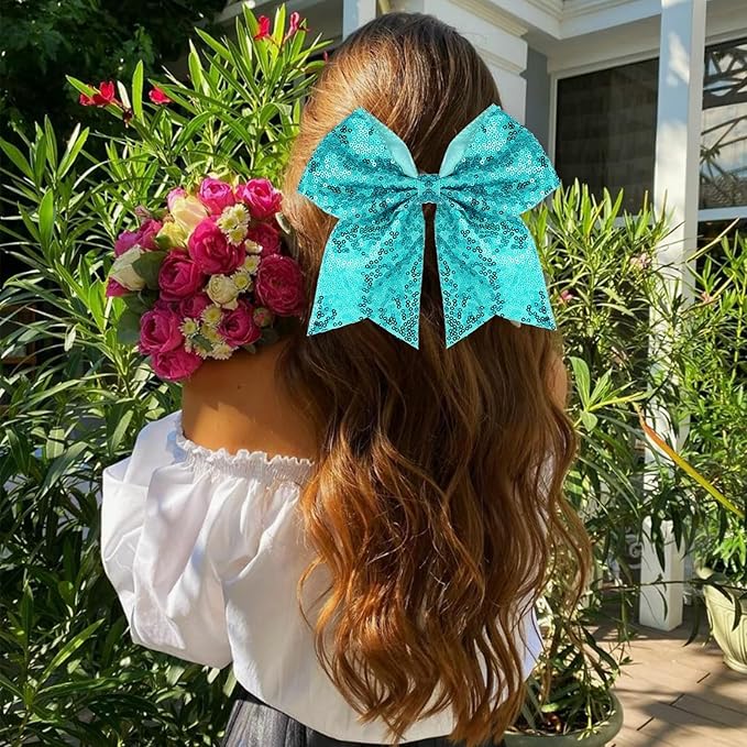 Large Big 7 Inch Glitter Bow Clip Sequin Bling Party Hair Accessories for Women Teens Girls Kids 3 Pcs (Yellow,Green,Blue)