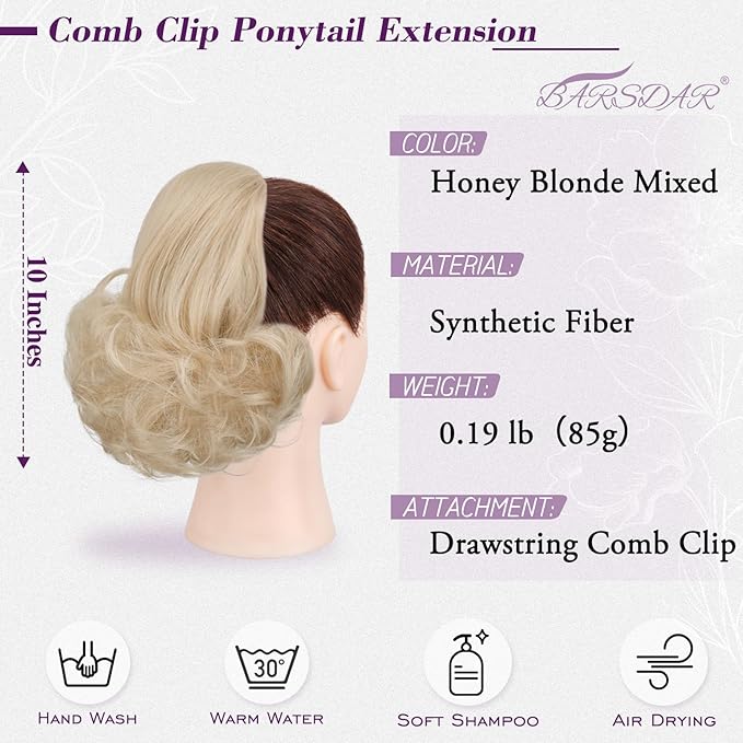 BARSDAR Honey Blonde Drawstring Ponytail Extensions - 10 Inch Short Wavy Drawstring Comb Clip in Pony Tails Hairpieces for Women - Synthetic Short Wavy Blonde Ponytail Hair Extensions