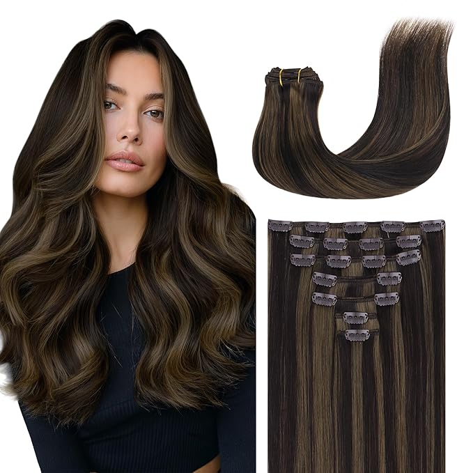 GOO GOO Clip in Hair Extensions Real Human Hair, Remy Human Hair Extensions Clip ins for Women, Natural Human Hair, 16inch 120g 7 Pcs, #2/6 Dark Brown Highlighted Chestnut Brown