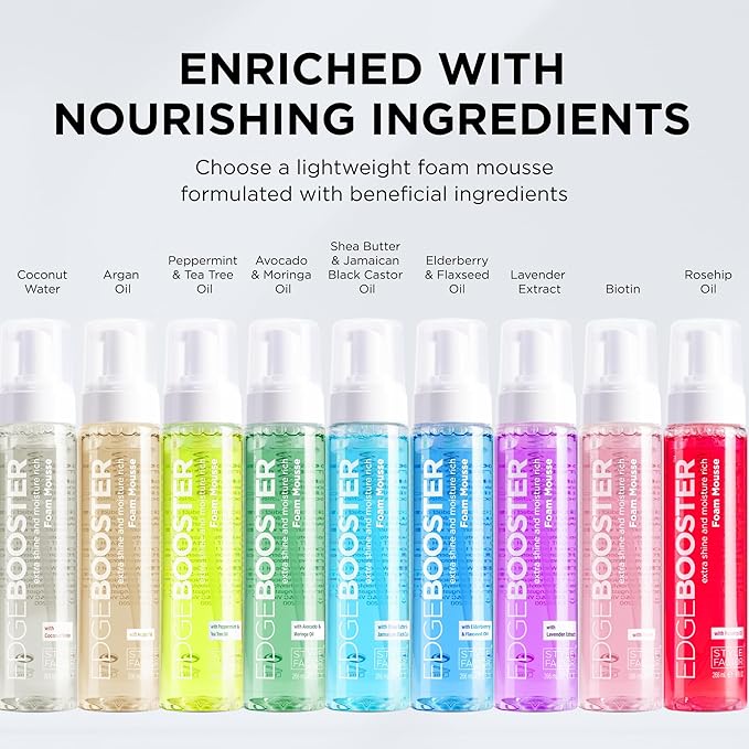 Style Factor EDGE BOOSTER Extra Shine & Moisture Rich Foam Mousse | Lightweight Styling for Curls, Waves, Braids, Locs & Protective Styles | Volume & Shine | With Lavender | 9 fl oz