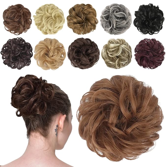 FESHFEN Messy Bun Hair Piece - Elastic Wavy Curly Hair Bun Scrunchies Extensions Synthetic Chignon Hairpieces for Women Girls, Light Auburn 1.5 oz