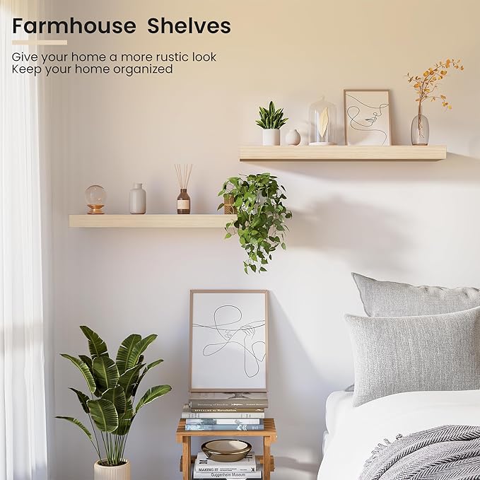 Natural Wood Floating Shelves 24”x 8”x 1.4” Book Shelf Floating for Wall Mounted, Heavy Duty Shelf Hold 60 lbs, Unfinished Wall Shelves for Bathroom, Living Room, Kitchen, Bedroom, Office