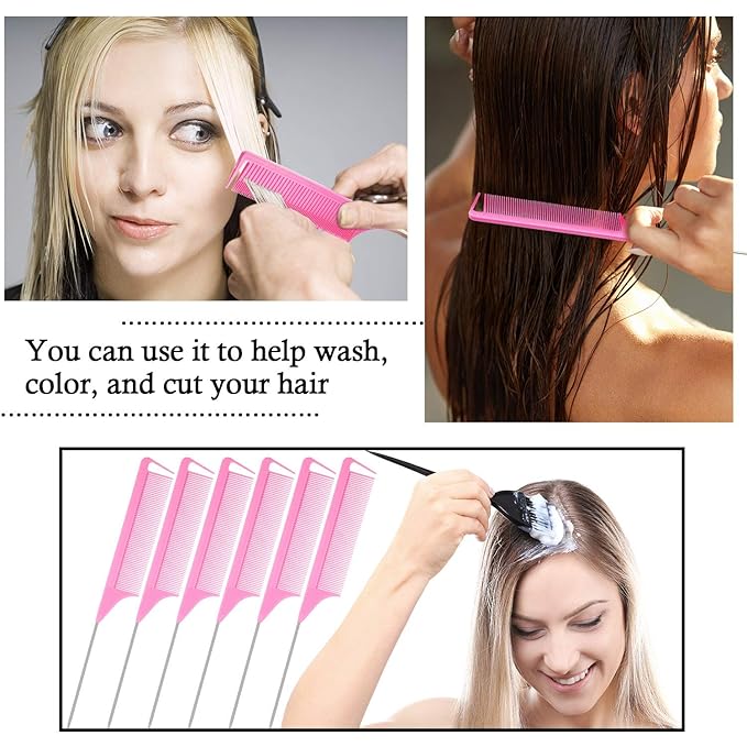 Patelai 30 Pieces Rat Tail Combs Bulk, Hair Teasing Fine Tooth Pintail Combs Braiding Hair Styling Tools with Steel Pin for Stylists Salon Teasing Sectioning Coloring Detangling(Black and Pink)