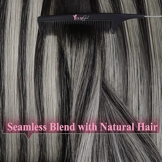 YoungSee Invisible Tape in Hair Extensions Ombre Black Tape on Hair Extensions Human Hair Balayage Black to Silver Remy Hair Extension Tapes for Women Straight Hair Extension 14In 50g 20pcs