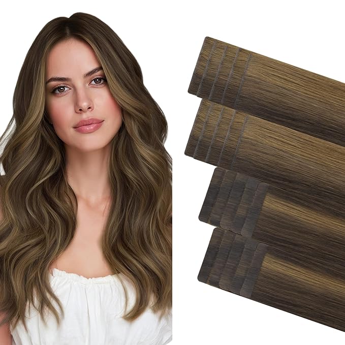 GOO GOO Invisi Edge Tape in Hair Extensions Human Hair, 2C/4E/6C Brown Sugar Swirl Highlights 10pcs injected with 10pcs classical tape ins, 18inch 50g, Virgin Remy Hair, Natural Look