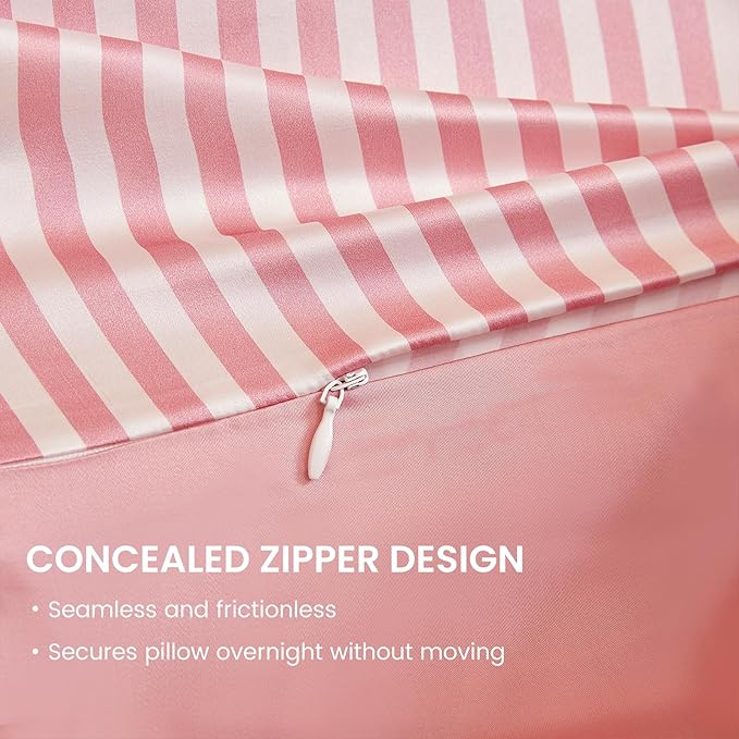 THXSILK Mulberry Silk Pillowcase for Hair and Skin Health, Grade 6A+ Mulberry Silk Pillowcase with Hidden Zipper, Soft and Breathable, 1pc (Standard 20"x26", Pink White Stripes)