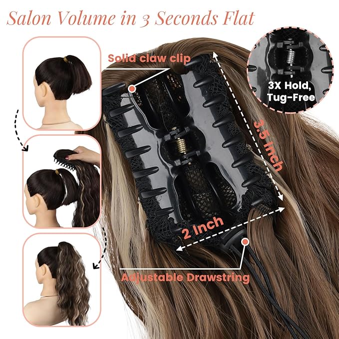 18 Inch Ponytail Extension for Women Claw Ponytail Extension Wavy in Fake Pony Tails Fake Hair Fluffy Natural Synthetic Hairpiece for Daily Use (Chestnut Brown Mixed Ash Blonde)
