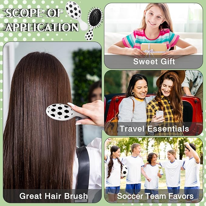 12 Pcs Soccer Mini Detangler Brush, Mini Travel Hair Brush, Bristles Plastic Detangling Brush, No Tangle Soft Flexible Bristles for Straight, Curly, Thick Hair for Soccer Team Gift Sport Party