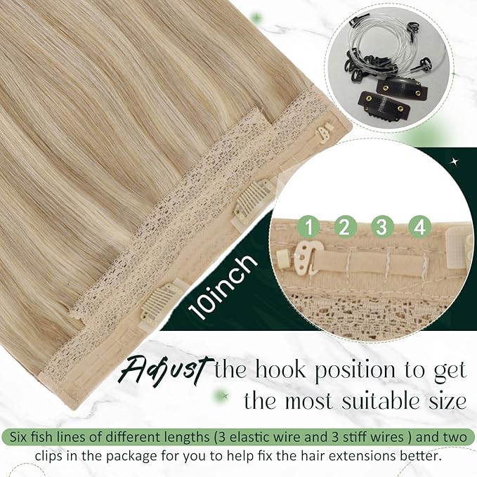 RUNATURE Wire Human Hair Extensions, Secret Wire Hair Extensions, Real Human Hairpieces with Transparent Wire, 14 Inch 70g #16P22 Dark Ash Blonde Highlight Light Blonde