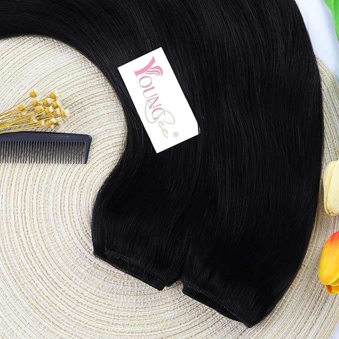 YoungSee Wire Hair Extensions Real Human Hair Black Wire Human Hair Extensions Jet Black Fish Line Extension Hair with Extra Clips 80G 16In