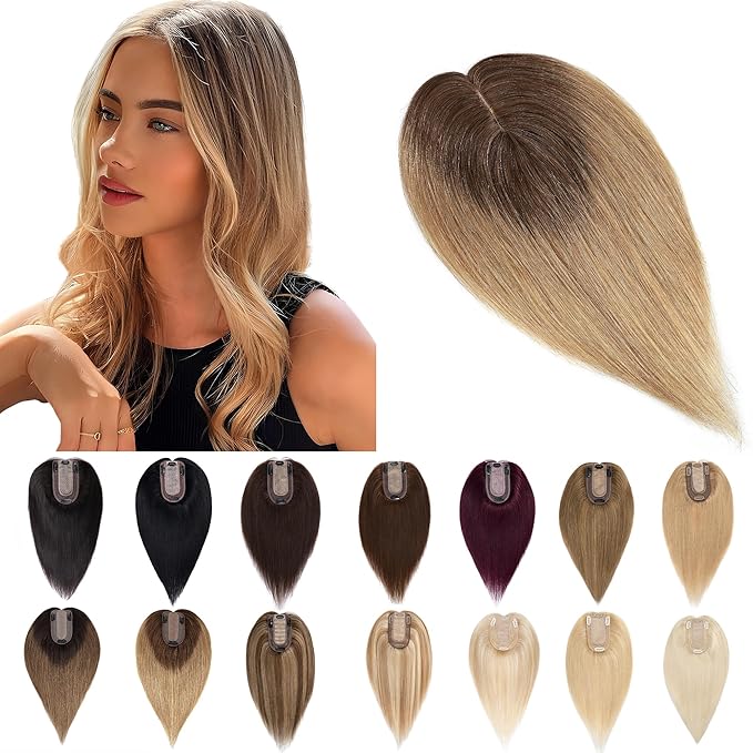 SEGO Human Hair Toppers for Women With Thinning Hair, 7 * 13CM Silk Base 100% Real Human Hair Clip in Top Wiglet Hairpieces -12 Inch No Bangs Medium Brown to Dark Blonde