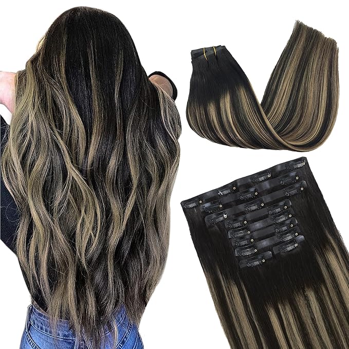 GOO GOO Clip in Hair Extensions Real Human Hair, Remy Human Hair Extensions Clip ins for Women, Natural Human Hair, 14inch 130g 9Pcs, 1B/6/1B Balayage Natural Black to Chestnut Brown