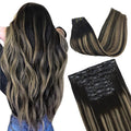 GOO GOO Clip in Hair Extensions Real Human Hair, Remy Human Hair Extensions Clip ins for Women, Natural Human Hair, 14inch 130g 9Pcs, 1B/6/1B Balayage Natural Black to Chestnut Brown