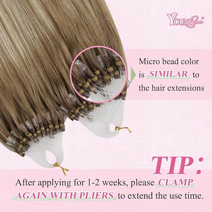 YoungSee Microlink Hair Extensions Human Hair Ombre Nicro Bead Hair Extensions Real Human Hair Brown with Blonde Balayage Micro Ring Human Hair Extensios 14In 50s 50g Pre Bonded Hair for Short Hair