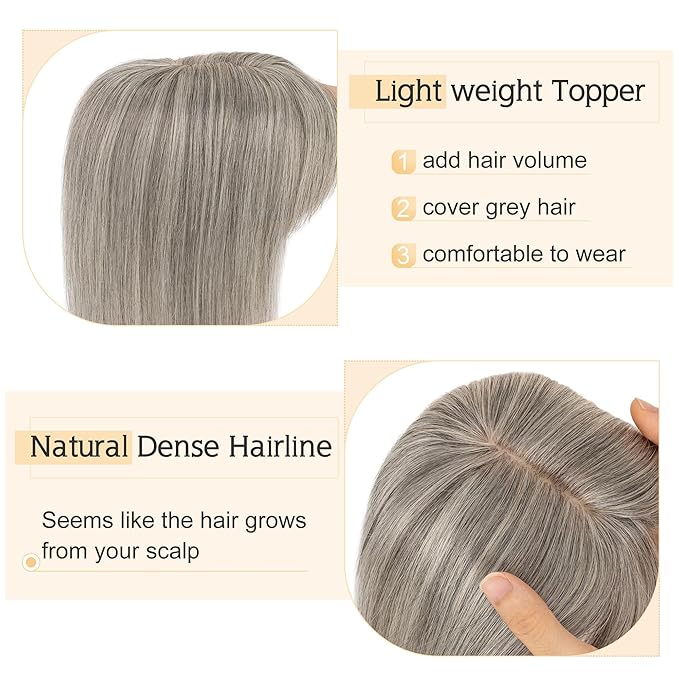 SEGO Grey Hair Toppers for Women Real Human Hair With Bangs, Salt and Pepper Hair Topper, 7 * 13 CM Silk Base Clip In Top Pieces Add Volume -12 Inch G3 Light Grey Mix
