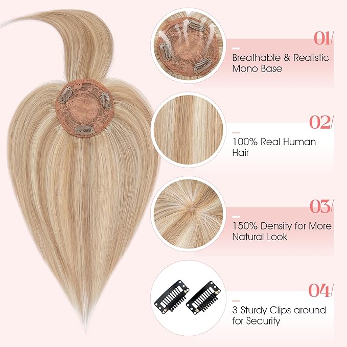 Hairro Mono Hair Toppers with Bangs, 3.4" x 3.4" Mono Base 100% Real Human Hairpieces for Women, 150% Density Clips In Topper for Greyish Thinning Hair, 12 Inch Golden Brown Mix Bleach Blonde