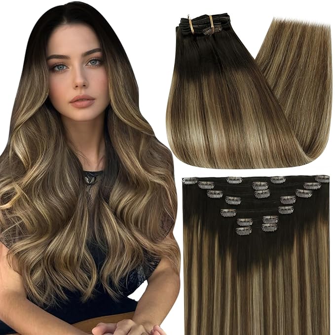 Full Shine Invisible Clip in Hair Extensions Human Hair Dark Brown Ombre Caramel Blonde Clip in Extensions Real Human Hair Extensions for Wedding 22 Inch 7 Pcs 120 G
