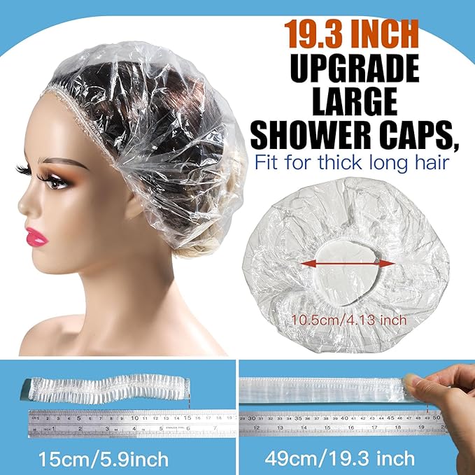 LEOBRO Shower Caps, 60PCS Large Disposable Shower Caps for Women, Plastic Shower Cap, Plastic Cap for Hair Treatment, Travel, Large Size 19.3 INCH