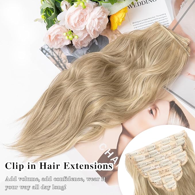 Hair Extensions for Women, 8PCS 16 Inch Ash Blonde Mixed Light Blonde Clip in Hair Extensions Clip Ins, Synthetic Wavy Full Head Thick Hairpieces for Women