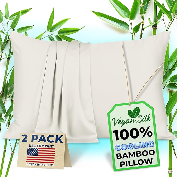 Pillow Cases - 100% Viscose Derived from Bamboo - Cooling Pillowcase - Queen Size, Cream, Set of 2 Zippered - for Hot Sleepers - Soft Pillow Covers - by Vegan Silk