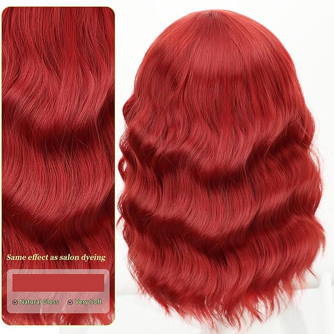 AISI HAIR Red Synthetic Wavy Curly Bob Wig with Bangs Short Wavy Hair for Women Synthetic Heat Resistant Bob Wigs