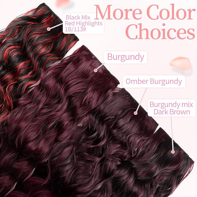 KooKaStyle Hair Extensions Burgundy Clip in Synthetic Highlight Hair Extensions Long Wavy 4PCS Thick Hairpieces 20 Inch for Women