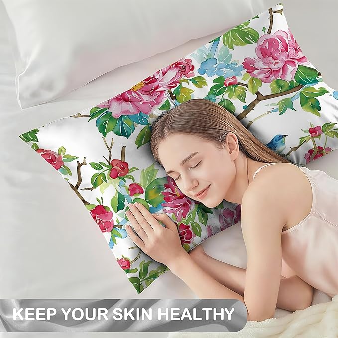 Pink Roses Flowers and Red Birds Satin Pillow Case Queen Size,Soft Pillowcases for Hair and Skin Similar to Silk,Pillowcases with Hidden Zipper Bedding Accessories,20X30 Inches,1 Pack
